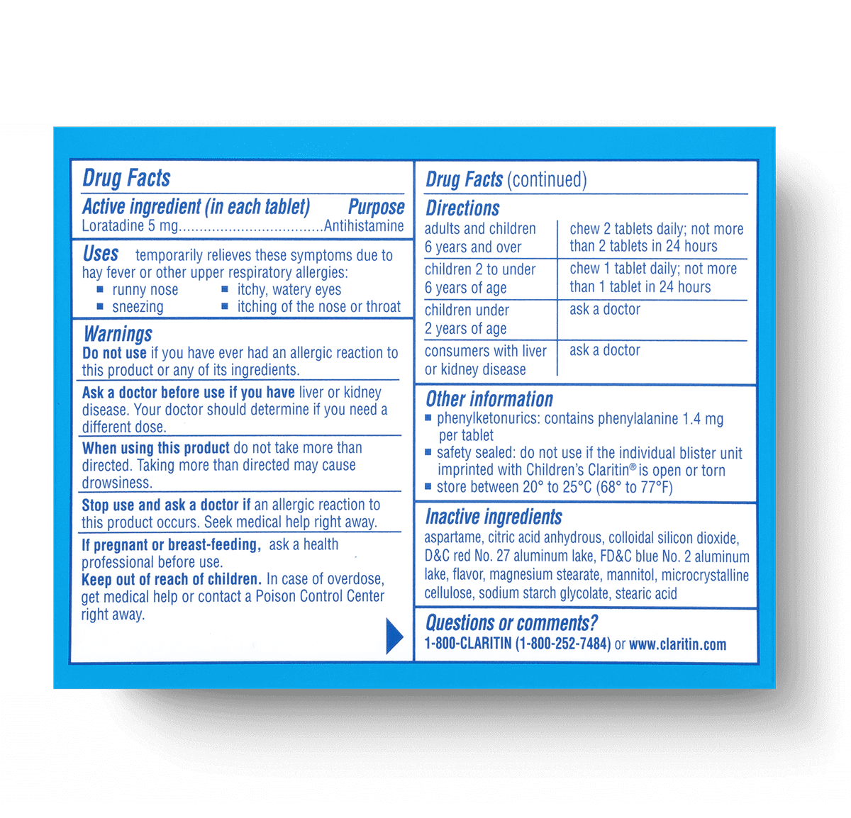 reverse view of children’s Claritin chewables 24 hour package